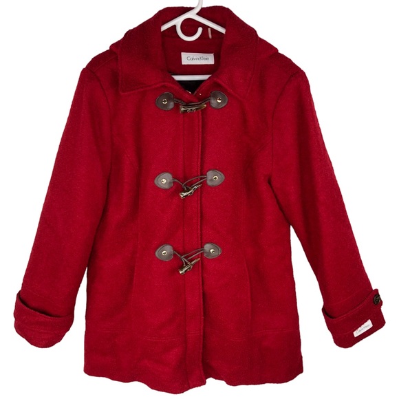 Calvin Klein Red Wool Blend Hooded Mid-Length Toggle Coat - Picture 2 of 12